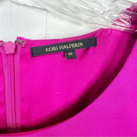 KOBI HALPERIN | Silk Cold Shoulder Cascade Ruffle Dress in Dragon Fruit Medium - Picture 6 of 7